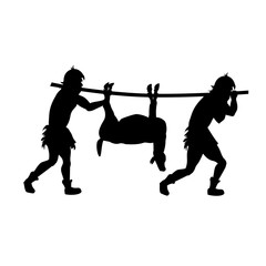 Primitive people return from hunting with prey