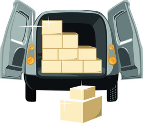 Car with cargo. Car for transportation. A truck with its back doors open. Boxes inside and around the car. Vector color image.