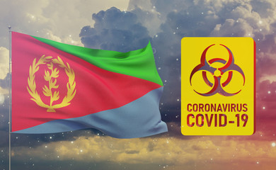COVID-19 Visual concept - Coronavirus COVID-19 biohazard sign with flag of Eritrea. Pandemic 3D illustration.