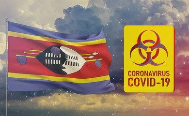 COVID-19 Visual concept - Coronavirus COVID-19 biohazard sign with flag of Eswatini. Pandemic 3D illustration.