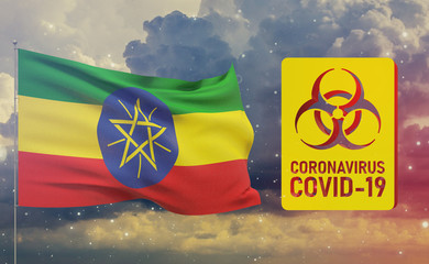 COVID-19 Visual concept - Coronavirus COVID-19 biohazard sign with flag of Ethiopia. Pandemic 3D illustration.
