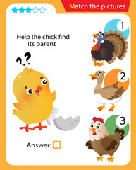 Matching game, education game for children. Puzzle for kids. Match the right object. Help the chick or nestling find its parent.