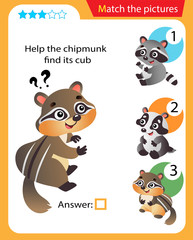 Matching game, education game for children. Puzzle for kids. Match the right object. Help the chipmunk find his cub.