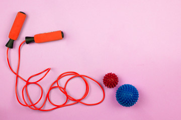 jump rope and balls for massage and self-massage, sports equipment, the concept of a healthy and active lifestyle, fitness and proper nutrition