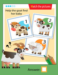 Obraz na płótnie Canvas Matching game, education game for children. Puzzle for kids. Match the right object. Help the goat find its cub.