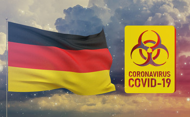 COVID-19 Visual concept - Coronavirus COVID-19 biohazard sign with flag of Germany. Pandemic 3D illustration.