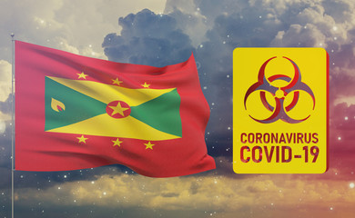 COVID-19 Visual concept - Coronavirus COVID-19 biohazard sign with flag of Grenada. Pandemic 3D illustration.