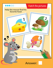 Matching game, education game for children. Puzzle for kids. Match the right object. Help the mouse find his favorite food.