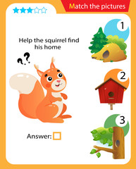 Matching game, education game for children. Puzzle for kids. Match the right object. Help the squirrel find his home.