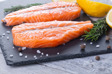 Two fresh raw salmon butterfly steaks