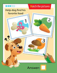 Matching game, education game for children. Puzzle for kids. Match the right object. Help the dog find his favorite food.