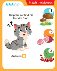 Matching game, education game for children. Puzzle for kids. Match the right object. Help the cat find his favorite food.