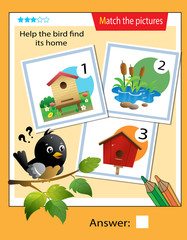 Matching game, education game for children. Puzzle for kids. Match the right object. Help the bird find its home.
