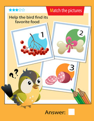 Matching game, education game for children. Puzzle for kids. Match the right object. Help the bird find its favorite food.