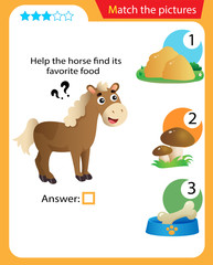 Matching game, education game for children. Puzzle for kids. Match the right object. Help the horse find its favorite food.