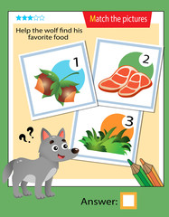 Matching game, education game for children. Puzzle for kids. Match the right object. Help the wolf find his favorite food.