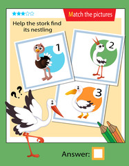 Matching game, education game for children. Puzzle for kids. Match the right object. Help the stork find its nestling.