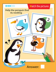 Matching game, education game for children. Puzzle for kids. Match the right object. Help the penguin find its nestling.