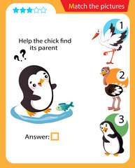 Matching game, education game for children. Puzzle for kids. Match the right object. Help the little penguin find his parent.
