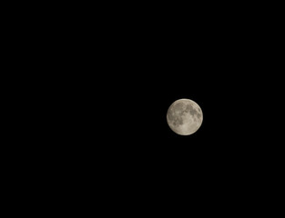 Close Up of Full Moon in Open Clear Black Sky at Night  taken with Long Lens and Correct Exposure...