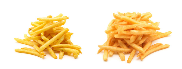 a pile of appetizing french fries on a white background