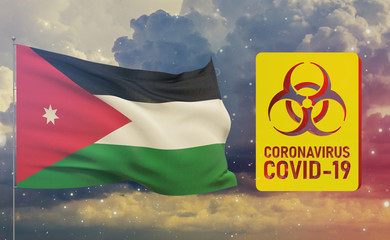 COVID-19 Visual concept - Coronavirus COVID-19 biohazard sign with flag of Jordan. Pandemic 3D illustration.