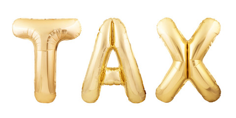 TAX word made of golden inflatable balloons isolated on white background