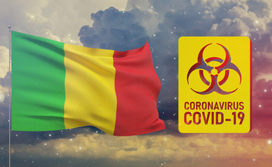 COVID-19 Visual concept - Coronavirus COVID-19 biohazard sign with flag of Mali. Pandemic 3D illustration.