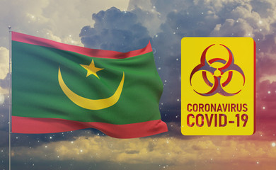 COVID-19 Visual concept - Coronavirus COVID-19 biohazard sign with flag of Mauritania. Pandemic 3D illustration.