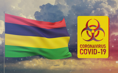 COVID-19 Visual concept - Coronavirus COVID-19 biohazard sign with flag of Mauritius. Pandemic 3D illustration.