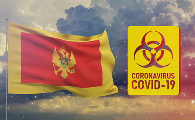 COVID-19 Visual concept - Coronavirus COVID-19 biohazard sign with flag of Montenegro. Pandemic 3D illustration.