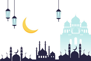 Vector illustration of a flat landscape of a mosque in the month of Ramadan. used as a background, poster, greeting card.