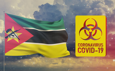 COVID-19 Visual concept - Coronavirus COVID-19 biohazard sign with flag of Mozambique. Pandemic 3D illustration.
