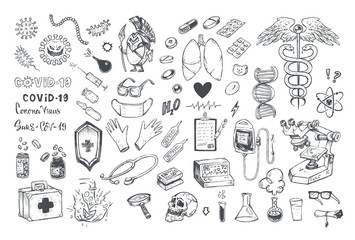Medical icons with coronavirus Covid-19, lungs, vaccine and pills, hospital or laboratory equipment isolated on white. Set of Healthcare symbols hand drawn sketch doodles vector illustration