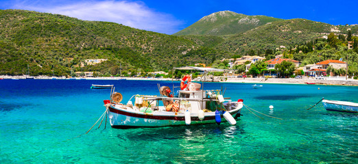 Fototapeta premium Greece travel. Lefkad Ionian island. Picturesque small fishing village Mirkos Gialos