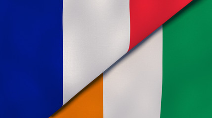 The flags of France and Ivory Coast. News, reportage, business background. 3d illustration