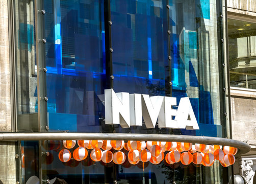 Hamburg, Germany: Nivea store. Nivea is a German personal care brand that specializes in body-care. It is owned by the Hamburg-based company Beiersdorf Global AG