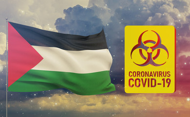 COVID-19 Visual concept - Coronavirus COVID-19 biohazard sign with flag of Palestine. Pandemic 3D illustration.