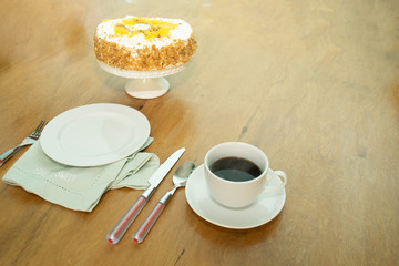 Delicious sweet cake with coffee.