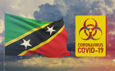 COVID-19 Visual concept - Coronavirus COVID-19 biohazard sign with flag of Saint Kitts and Nevis. Pandemic 3D illustration.