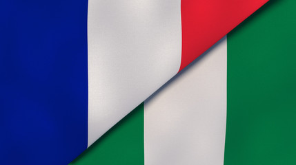 The flags of France and Nigeria. News, reportage, business background. 3d illustration