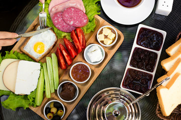 breakfast set with various food