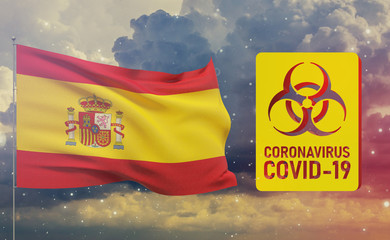COVID-19 Visual concept - Coronavirus COVID-19 biohazard sign with flag of Spain. Pandemic 3D illustration.