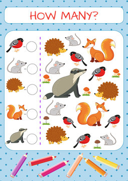 Mini-game for children: how many. Set of funny characters: animals, birds, insects, plants. Coloring book. Vector illustration for kids.