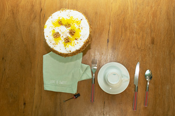 Delicious sweet cake with coffee.