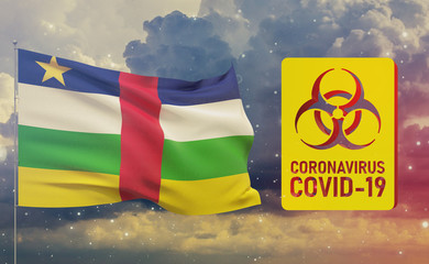 COVID-19 Visual concept - Coronavirus COVID-19 biohazard sign with flag of Central African Republic. Pandemic 3D illustration.