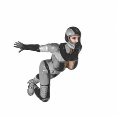 comic woman in a sci fi outfit flying up