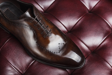 Close up of a new pair of brown leather dress shoes
