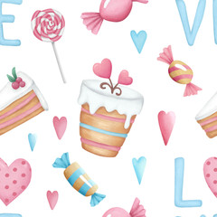 Hand drawn watercolor Valentine's Day pattern. Watercolor sweets, hearts, candies, cupcakes, illustration isolated