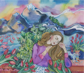 Amazing watercolor girl with tulips in front of nature and mountains. Relaxing beautiful girl hand drawing watercolor spring illustration. Young and happy woman celebrate woman day